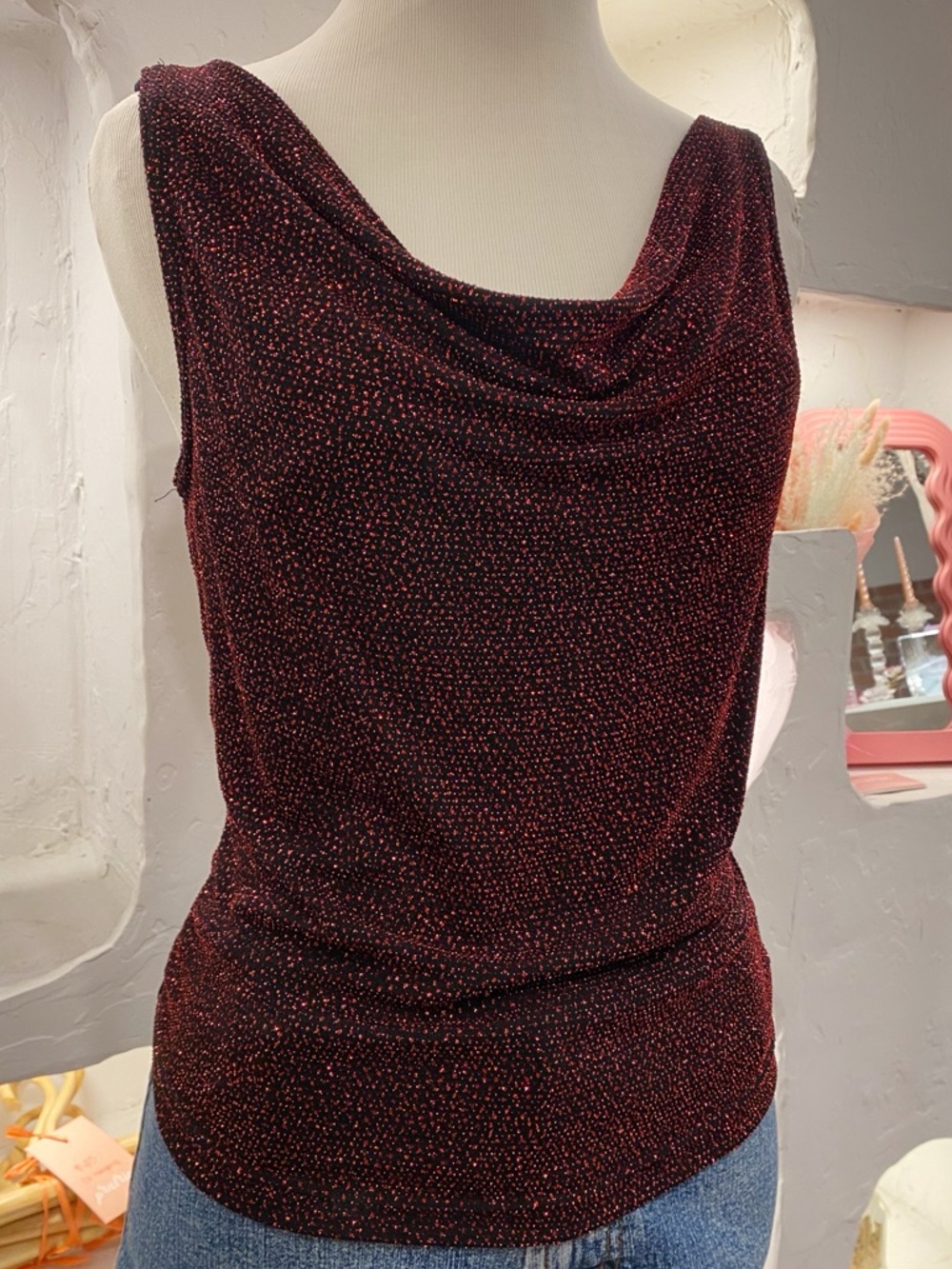 Vintage Y2K Black & Red Glittery Cowl Neck Party Tank Top